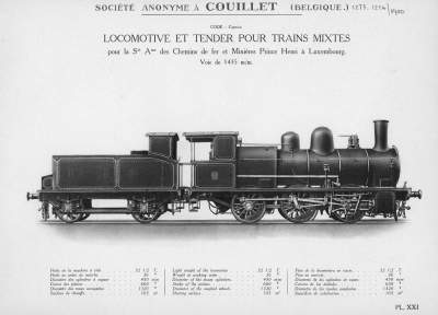 <b>Locomotive et tender pour trains mixtes</b><br>pour la Société Anonyme des Chemins de fer et Minières Prince Henri à Luxembourg<br>Voie de 1435 m/m